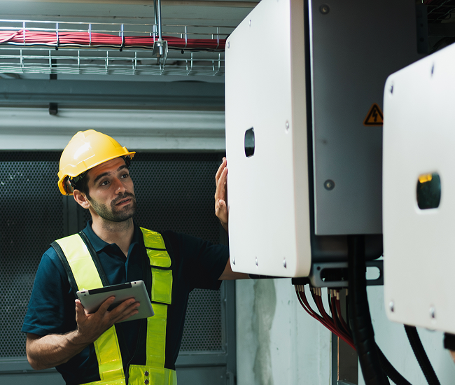 Engineer configuring solar battery storage inverter